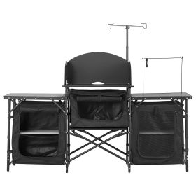 VEVOR Camping Kitchen Table, Outdoor Camp Cooking Table, Aluminum Portable Cook Station with 3 Storage Cupboard, Carrying Bag, Detachable Windscr